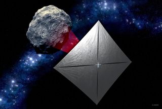 Artist's concept of NASA's Near-Earth Asteroid Scout cubesat studying a space rock far from Earth.