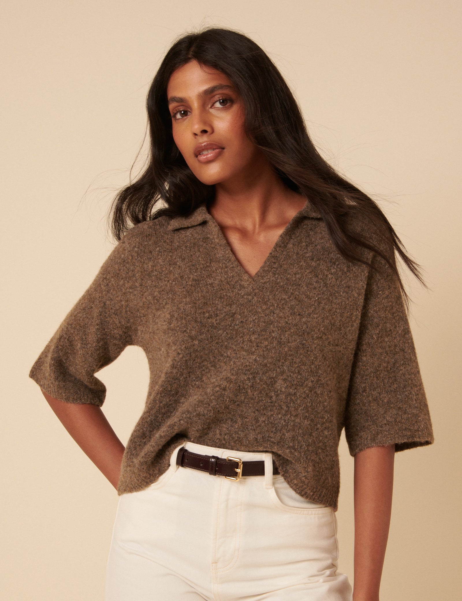 Brown Open Collar Knitted T-Shirt