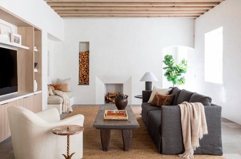 Neutral living room with wood panelled ceiling