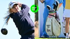 Charley Hull hits a drive off the tee, with a close up of her bag