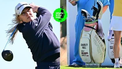 Charley Hull hits a drive off the tee, with a close up of her bag