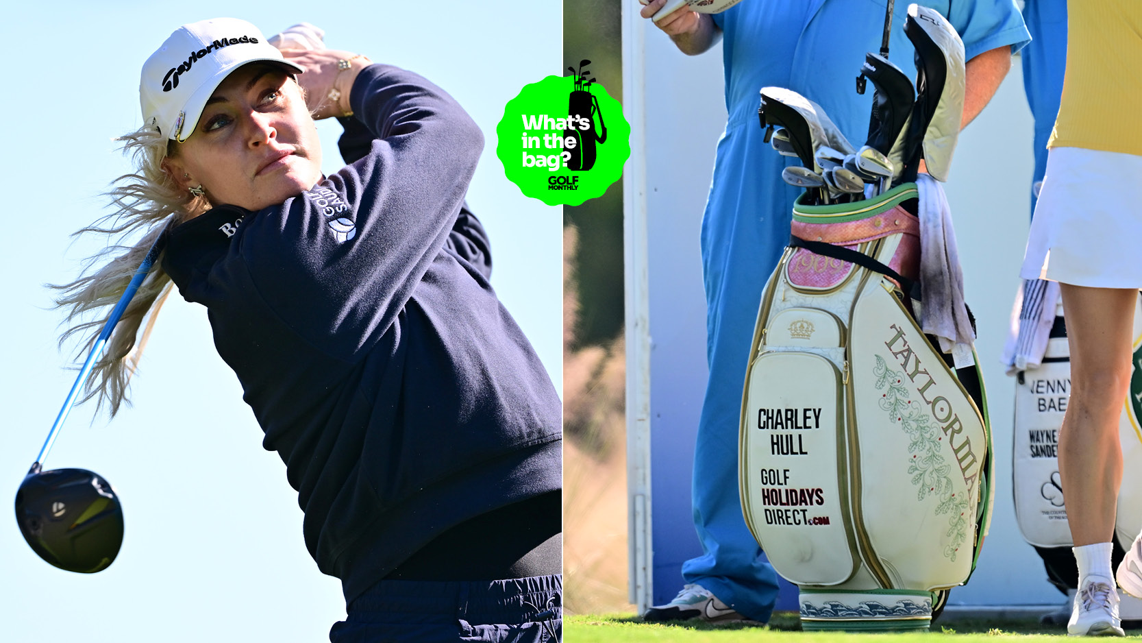 Charley Hull hits a drive off the tee, with a close up of her bag