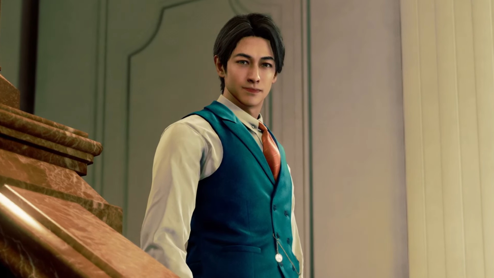 Stranger Than Heaven - Yu wears a vest and tie in a lavish building