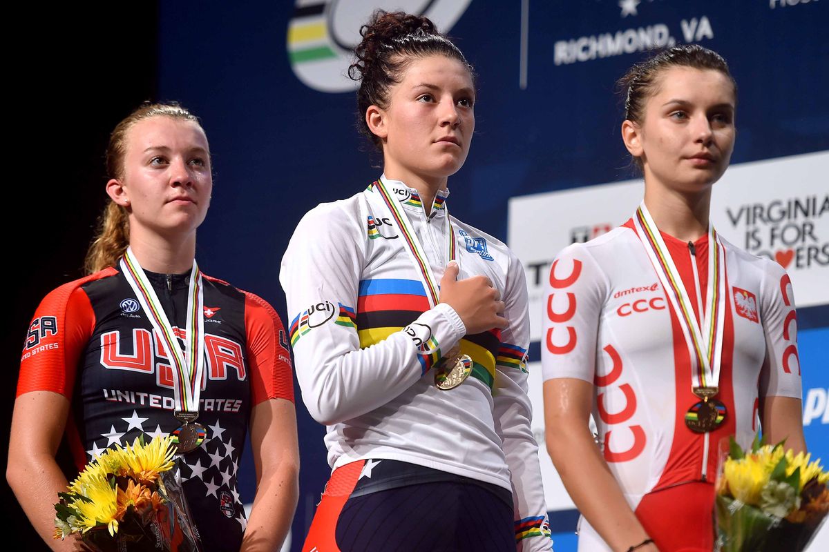 The junior women's road race podium in Richmond: Emma White, Chloe Dygert (USA) and Agnieszka Skalniak (Poland)