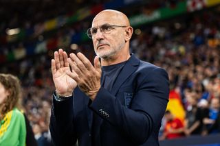 Spain Euro 2024 squad Head coach Luis De La Fuente gestures prior to the UEFA EURO 2024 group stage match between Spain and Italy at Arena AufSchalke on June 20, 2024 in Gelsenkirchen, Germany. (Photo by Edith Geuppert - GES Sportfoto/Getty Images)