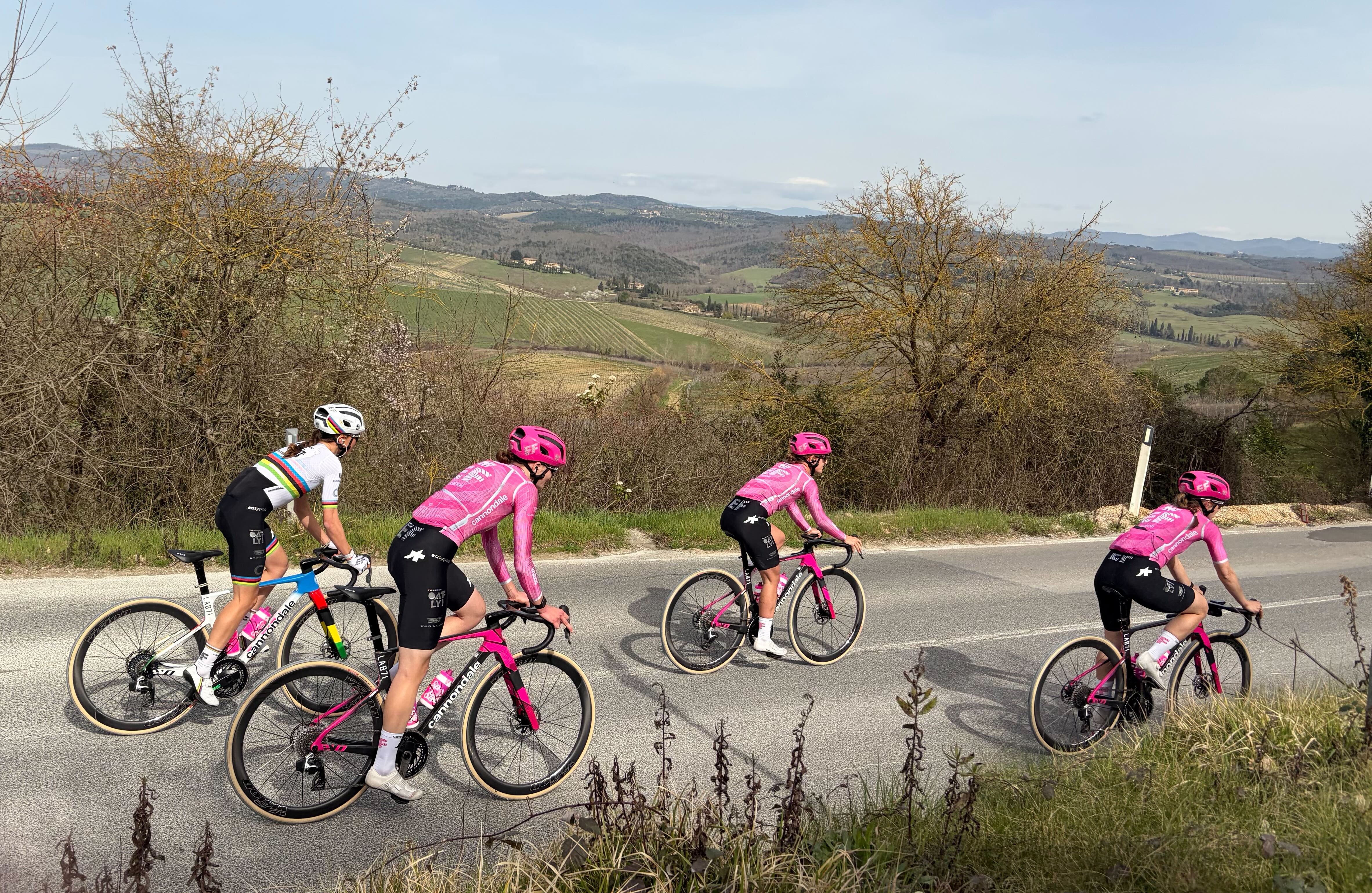 Four EF Education-Oatly riders on course for their Strade Bianche recon