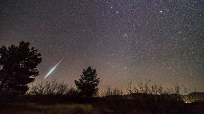 A single bright meteor from the Geminid meteor shower of December 2017, dropping toward the horizon in Ursa Major. Gemini itself and the radiant of the shower is at top centre. Leo is just rising at bottom centre. Procyon is at upper right.