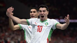 Brahim Diaz of Morocco (right) celebrates scoring the opening goal with Achraf Hakimi during the Africa Cup Of Nations Quarter-final match between Cameroon and Morocco at Prince Moulay Abdellah Stadium on January 9, 2026 in Rabat, Morocco. 
