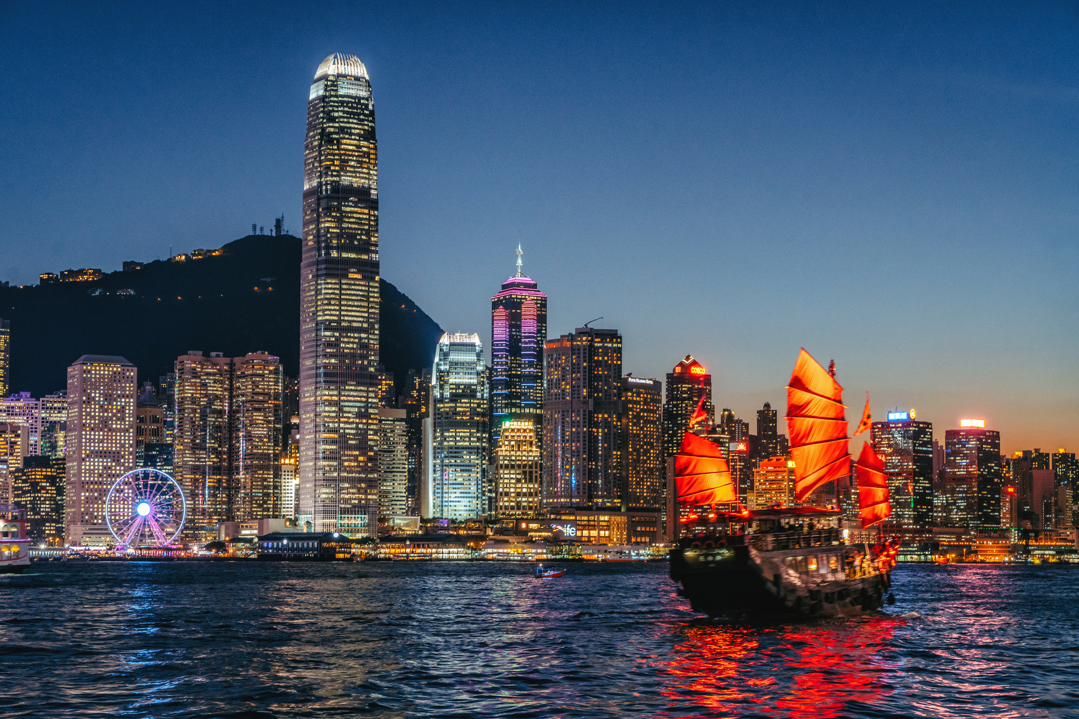 Hong Kong stocks: view of a boat in Hong Kong harbour at twilight