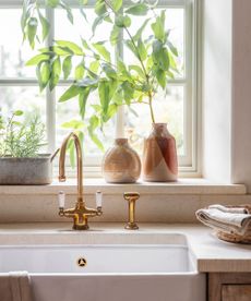 A rustic farmhouse sink set into a stone countertop in front of a window ledge with lots of fresh green plants. 