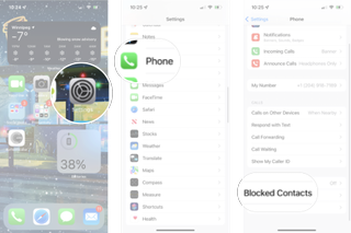 Unblocking a contact from iPhone: Tap settings, phone, blocked contacts