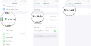 Tap Contacts, tap Sort Order, tap First, Last or Last, First