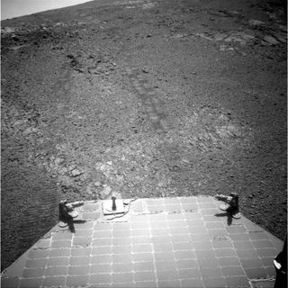 This July 18, 2017, image from the navigation camera on the mast of NASA's Mars rover Opportunity shows the crest of Endeavour Crater's rim after the rover began descending "Perseverance Valley" on the rim's inner slope.
