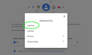 How to delete Google Search history - Pop-up window labeled 'Delete history'