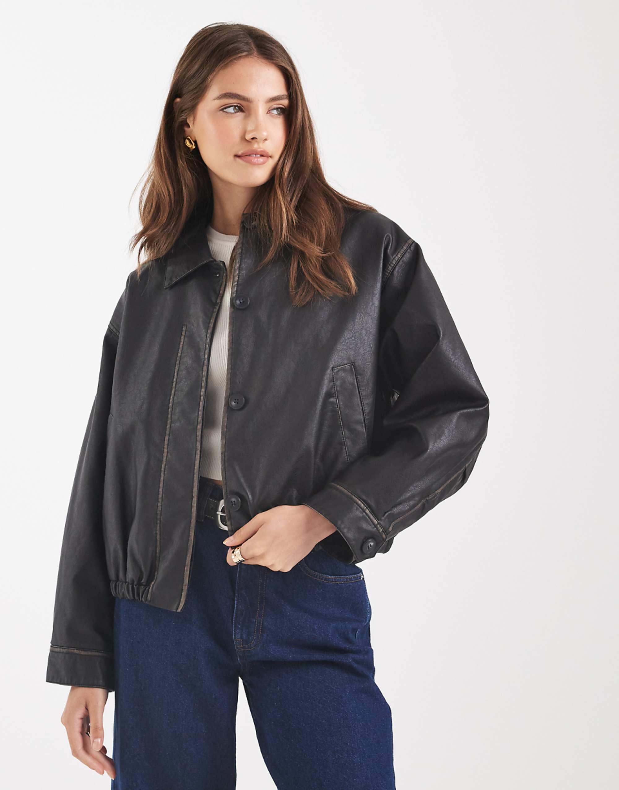 Asos Design Vintage Wash Leather Look Bomber Jacket in Washed Black