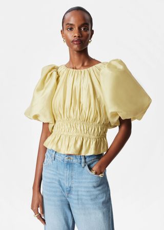 Ruched Balloon-Sleeve Blouse