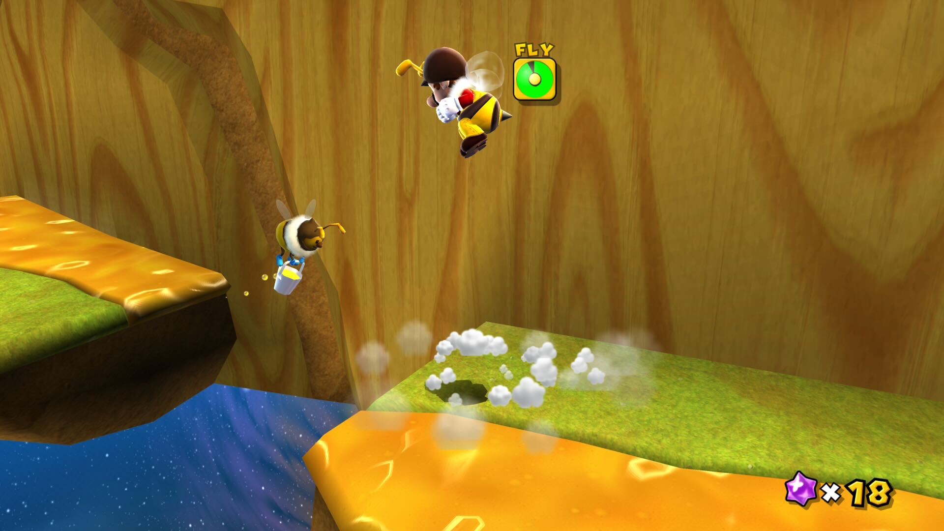 Super Mario Galaxy screenshot of Mario flying through the air in his bee form as another worker bee carries a bucket of honey nearby