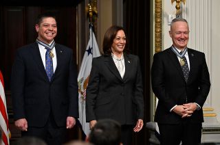 Former NASA astronauts Bob Behnken (left) and Doug Hurley are seen after being awarded the Congressional Space Medal of Honor by Vice President Kamala Harris during a ceremony in the Indian Treaty Room of the Eisenhower Executive Office Building, Tuesday, Jan. 31, 2023 in Washington, DC.