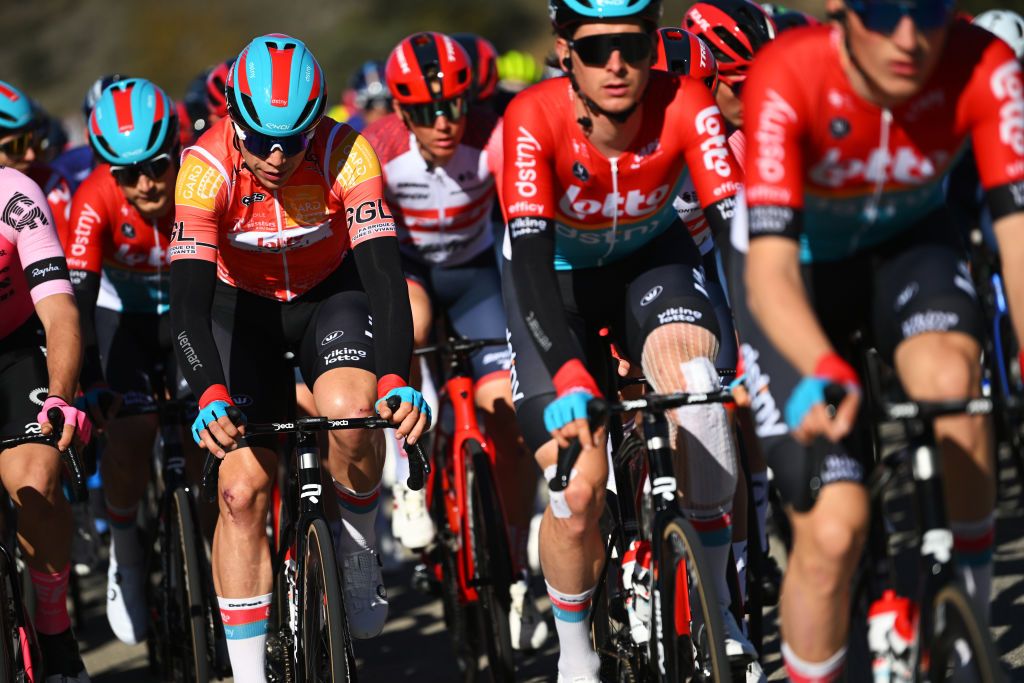 AUBAIS FRANCE FEBRUARY 02 Arnaud De Lie of Belgium and Team Lotto Dstny Orange leader Jersey competes during the 53rd Etoile de Besseges Tour Du Gard 2023 Stage 2 a 16963km stage from Bagard to Aubais EDB2021 on February 02 2023 in Aubais France Photo by Luc ClaessenGetty Images