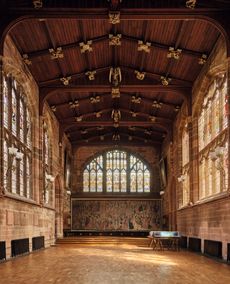 Fig 2: The great hall. Behind the dais is a tapestry commissioned by the guild in 1505–15. Credit: Paul Highnam