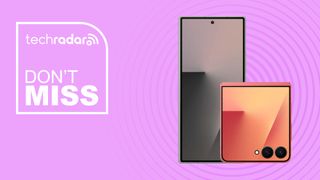 Samsung Galaxy Z Fold 7 and Flip 7 on magenta pink background with don't miss text overlay