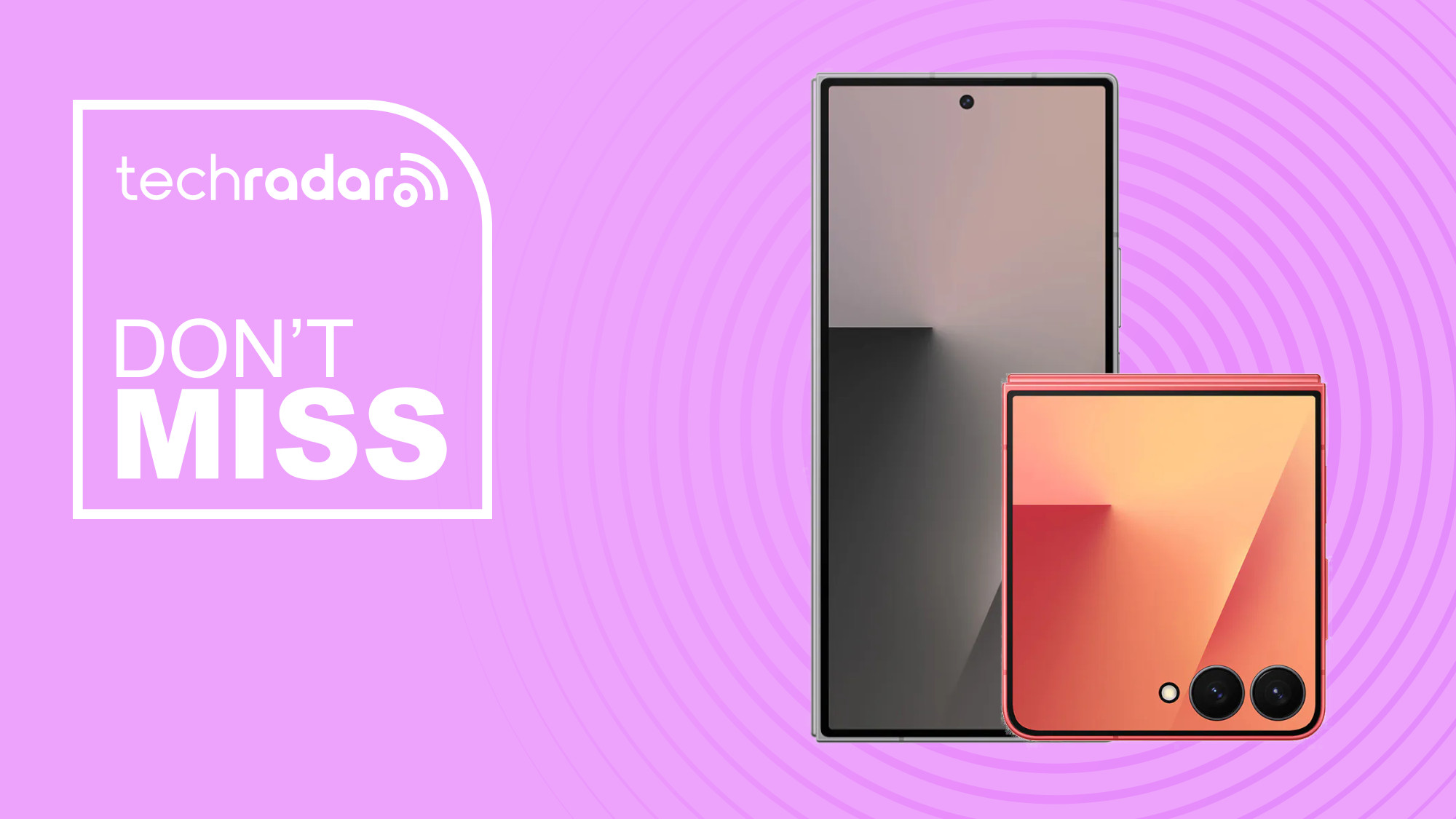 Samsung Galaxy Z Fold 7 and Flip 7 on magenta pink background with don&#039;t miss text overlay