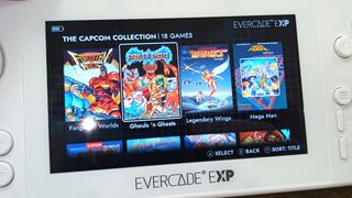 Evercade EXP review; a close up of a retro game console screen showing a menu of games