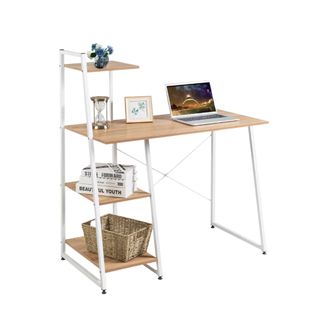 A white and wooden desk with a vertical shelf