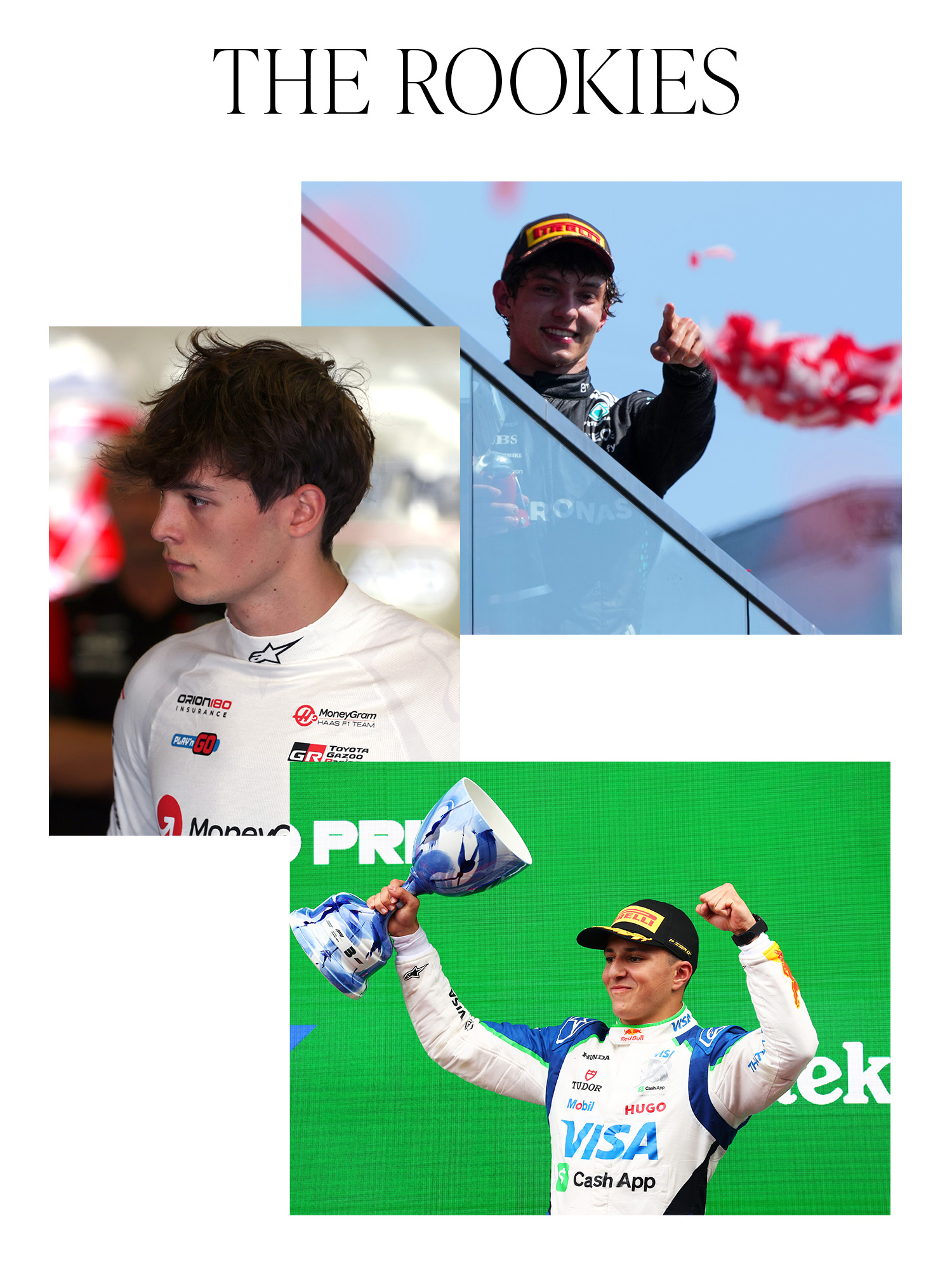 Photos of Kimi Antonelli, Oliver Bearman, and Isack Hadjar. The collage says &quot;The Rookies&quot; on top.