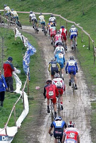 The men's peloton at the cyclo-cross World Cup round five in Igorre, Spain.