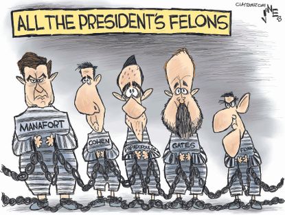 Political cartoon U.S. Paul Manafort Michael Cohen George Papadopoulous Rick Gates Michael Flynn felons Trump