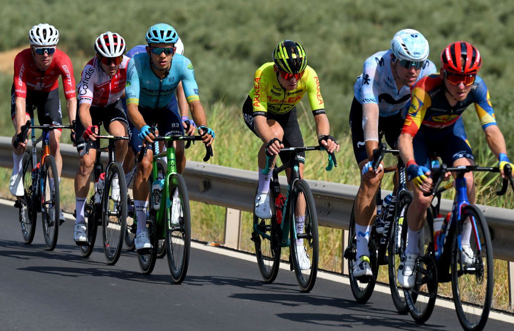 CAZORLA SPAIN AUGUST 24 LR Harold Martin Lopez of Ecuador and Team Astana Qazaqstan Mathis Le Berre of France and Team Arkea BB Hotels and Oier Lazkano of Spain and Team Movistar compete in the breakaway during the La Vuelta 79th Tour of Spain 2024 Stage 8 a159km stage from Ubeda to Cazorla 1056m UCIWT on August 24 2024 in Cazorla Spain Photo by Tim de WaeleGetty Images