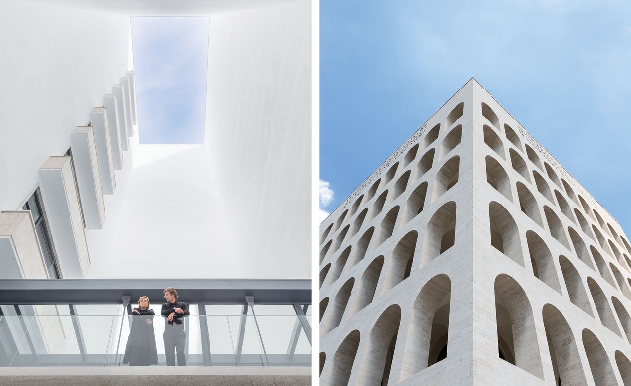 Silvia Fendi with Fendi CEO Pietro Beccari on the glass-walled bridge that connects office &amp; Rome’s iconic Palazzo della Civiltà Italianà&#039;s eoclassical facade with arches on all sides