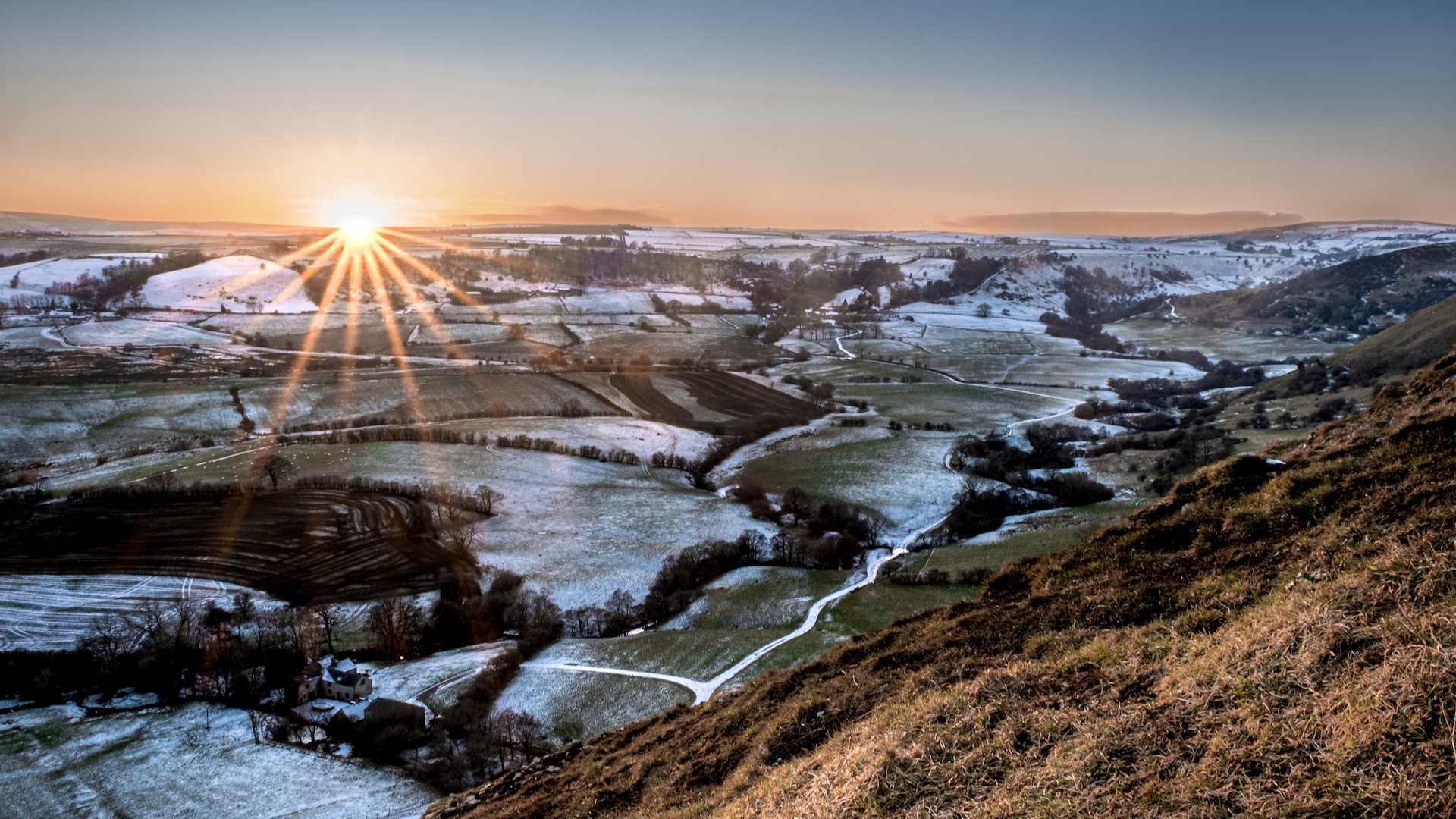 Sun setting on a winter landscape