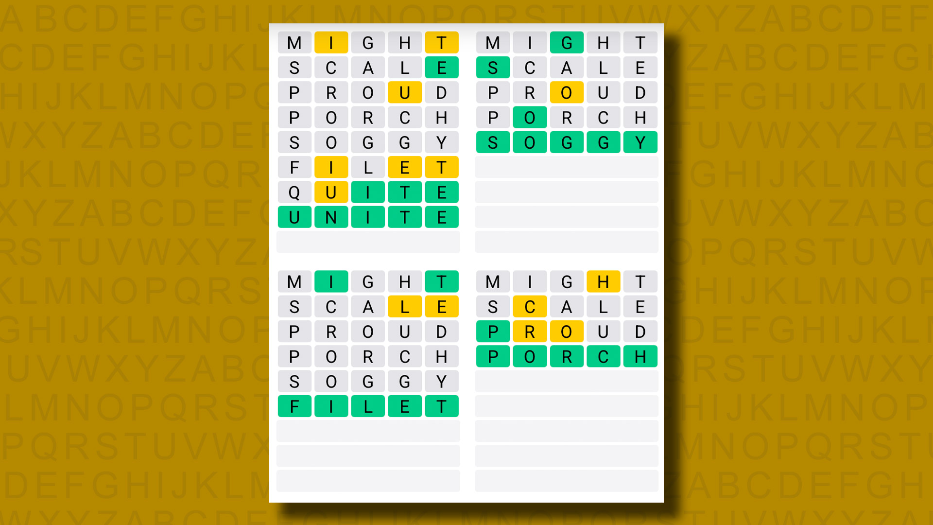 Quordle answers for game 1198 on a yellow background