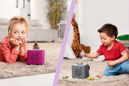 Spliced image showing two different child playing with their Tonieboxes and Tonies
