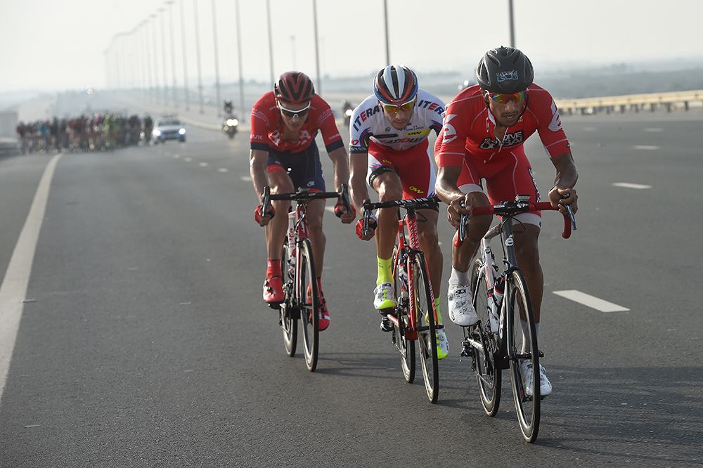 Maxim Belkov (Katusha), Will Clarke (Drapac) and Rafaa Chitoui (Skydive Dubai) on the attack