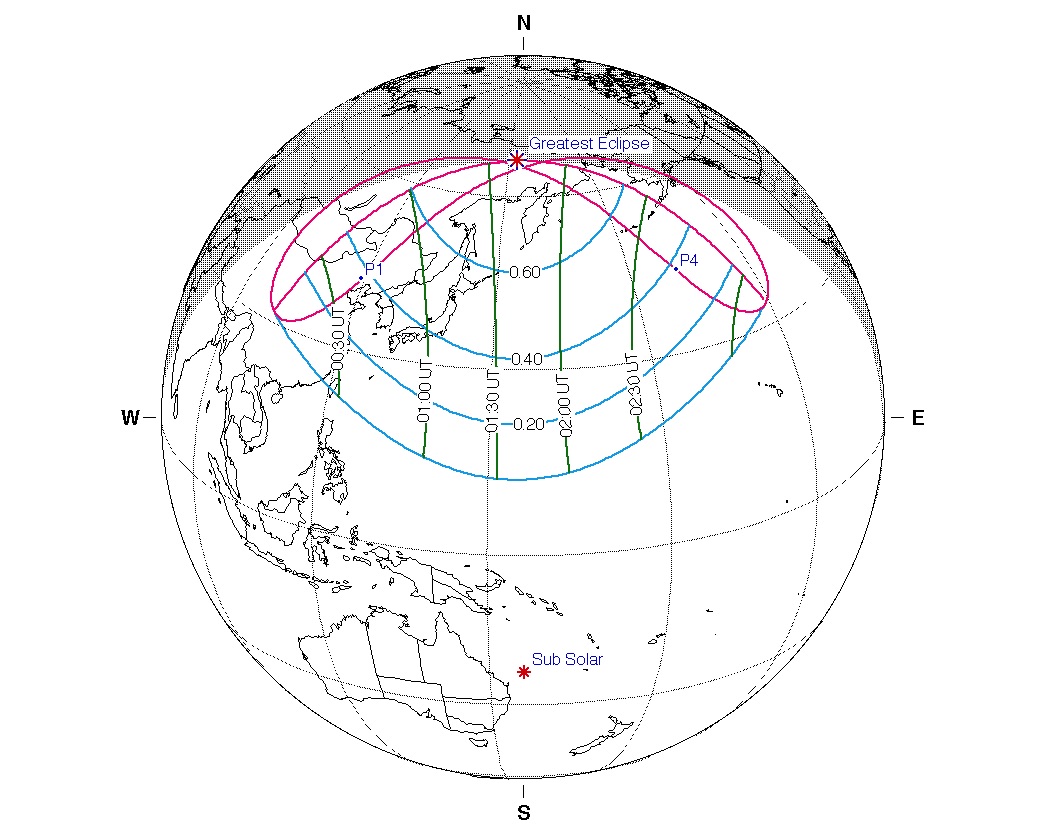 A map of the partial solar eclipse on Jan. 5-6, 2019