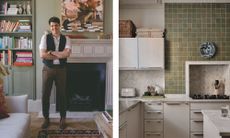 A diptych showcasing the work of interior designer Adam Knight. The left image is a portrait of Knight, standing with arms crossed, in the detailed living room from Image 0, featuring the stone fireplace and green bookshelves. The right image depicts a contemporary kitchen, designed by Knight, with white cabinetry, a green tiled backsplash, and light marble countertops.