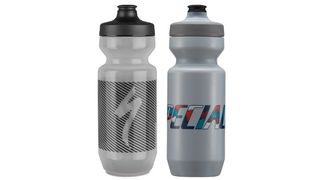 Two Specialized bottle standing side by side, one in clear and one in grey, as featured in best water bottles for cycling