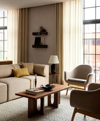 A living room sofa with plush fabrics