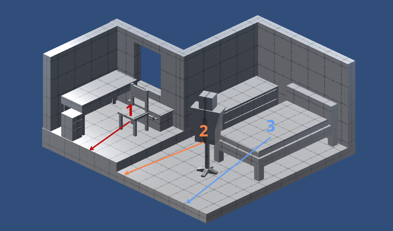 A blockout of an isometric room in a video game