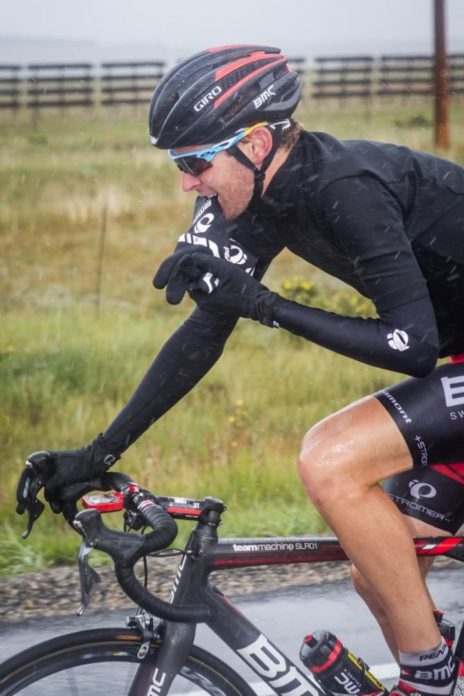 The yellow jersey is hidden beneath Tejay van Garderen's rain coat on stage 5 of the USA Pro Challenge to Breckenridge