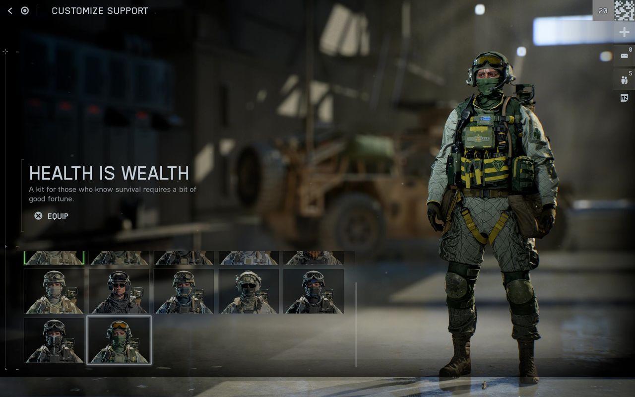 Battlefield 6 Season 1 skins: The Health is Wealth skin in the soldier customisation menu.