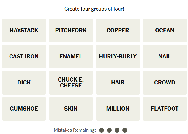 The Unsolved NYT Connections grid for April 25, 2026