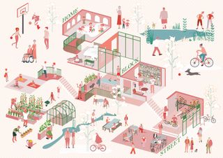 A drawing with a range of different aspects of a community detailed, including the 'street', the park, the 'block', the 'home', a lake, a basketball pitch, cycling, a park.