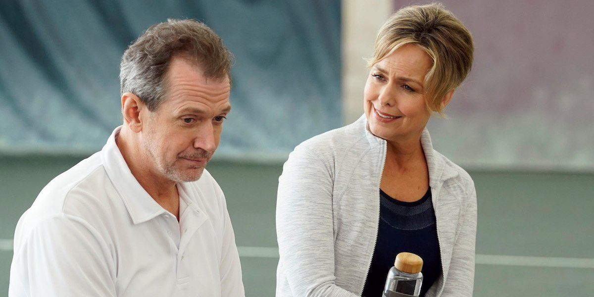 Gildart Jackson &amp; Melora Hardin as Jaqueline &amp; her husband chatting after tennis on The Bold Type