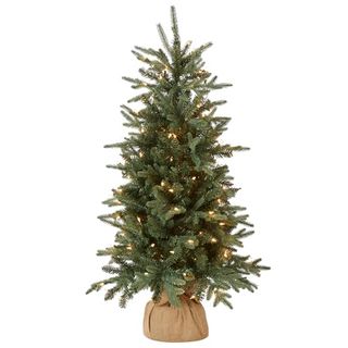 National Tree Company Pre-Lit Artificial Mini Christmas Tree | Includes Small Lights and Cloth Bag Base | for Tabletop or Desk | Burlap-4 Ft, 4', Green