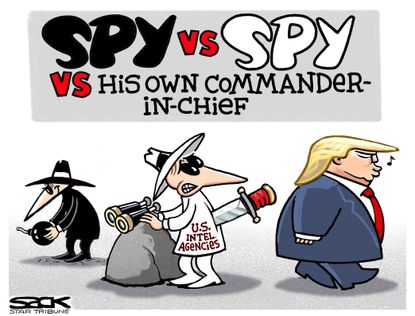 Political Cartoon U.S. Trump Spy vs Spy Intelligence Agencies