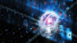 AI brain concept. Conceptual artificial intelligence mind chip in the shape of a brain.